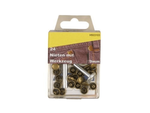 24 Nieten mit Werkzeug Atmessing 9mm rostfrei