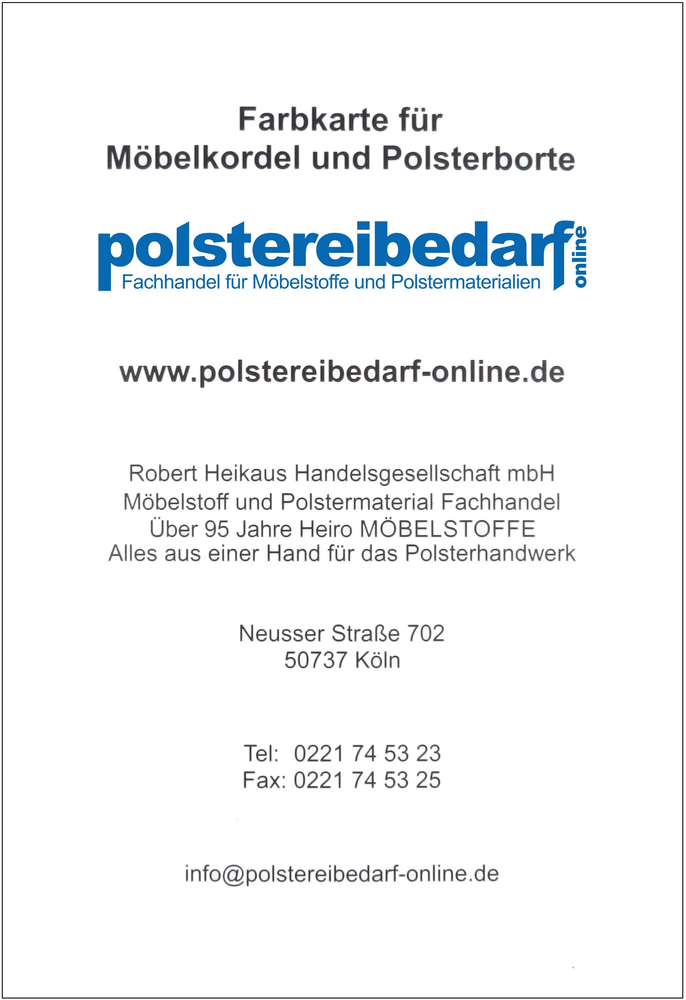Möbelposamenten Farbkarte mit 25 echten Möbelkordel Farbbeispielen